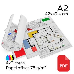 Plotagem de plantas e projetos A2 - 42x49,4 cm Papel offset 75 g/m² A2 - 42x49,4 cm 4x0 cores (Impressão colorida frente, verso sem impressão) Fosco  