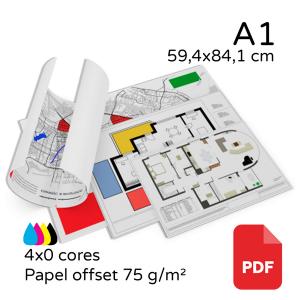 Plotagem de plantas e projetos A1 - 59,4x84,1 cm Papel offset 75 g/m² A1 - 59,4x84,1 cm 4x0 cores (Impressão colorida frente, verso sem impressão) Fosco  